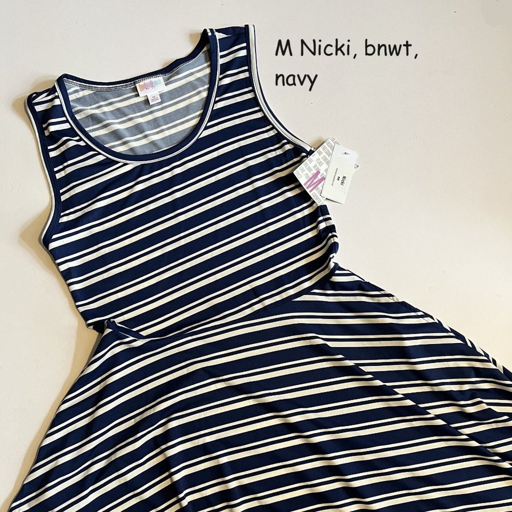 Medium Lularoe Nicki dress, navy and white stripes